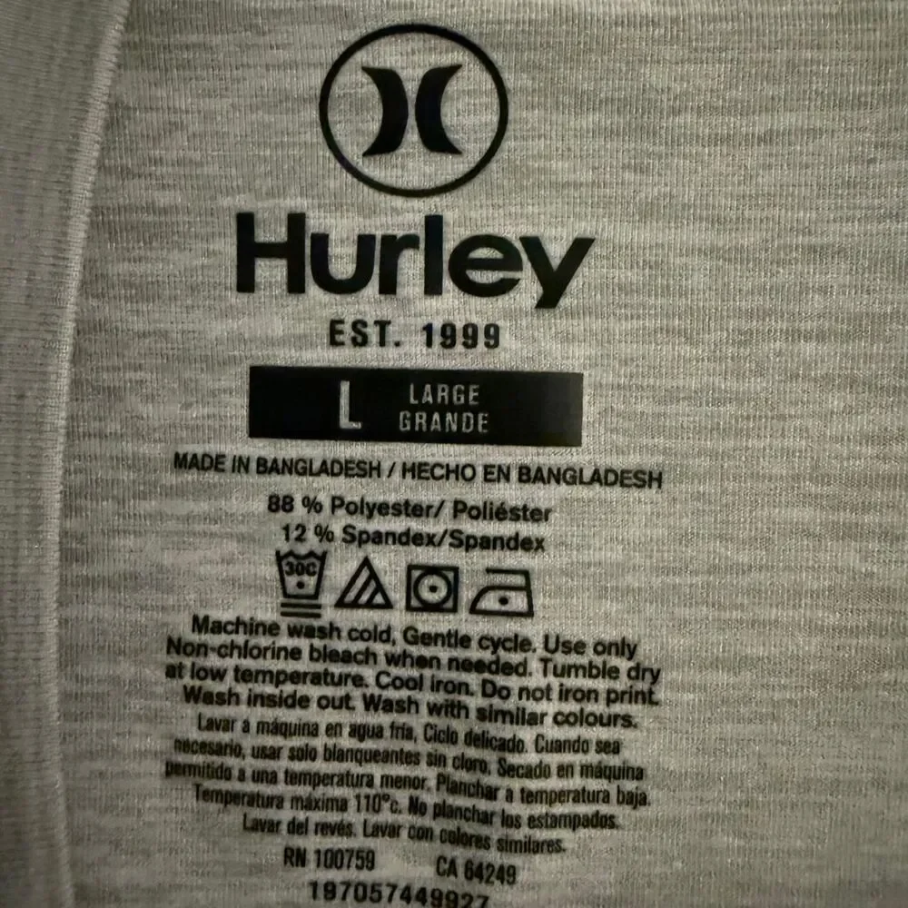 Hurley shirt mens L gray long sleeve graphic stretch sunshirt beach casual